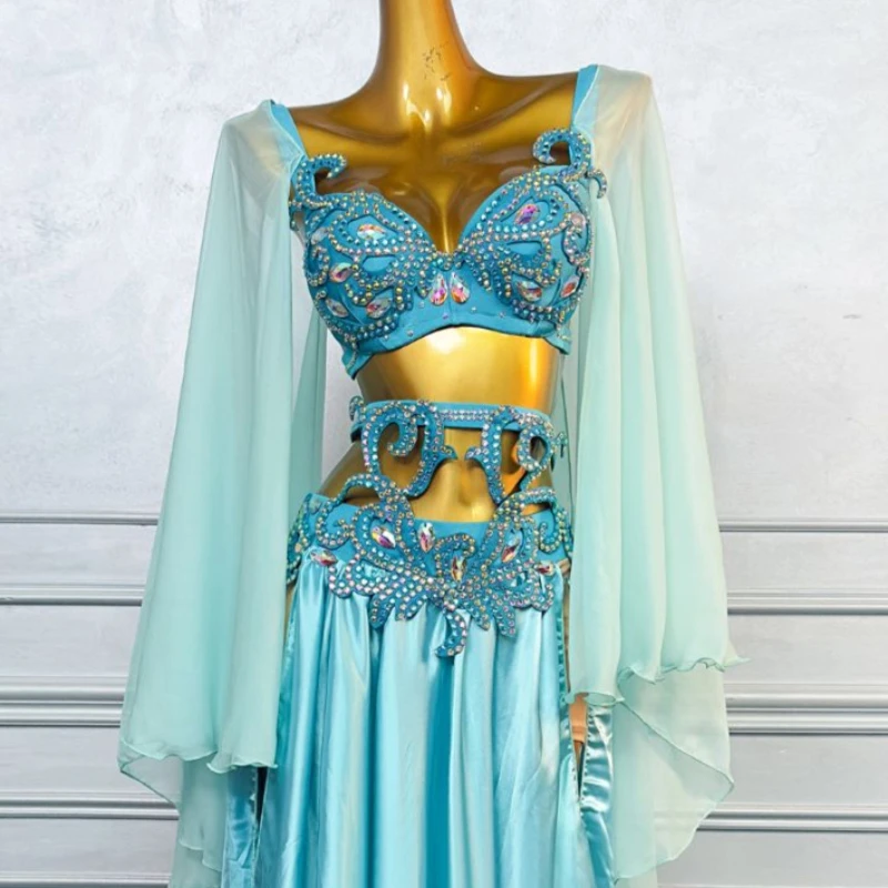 Costume de spectacle de danse du ventre pour femmes, ensemble de luxe élégant en mousseline de soie avec strass, tenue de compétition de danse du ventre orientale pour adultes