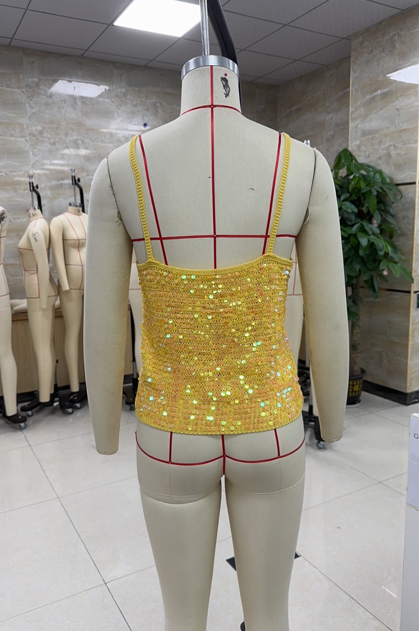 Haut court en Crochet orné de paillettes pour femmes, Camis smocké tricoté de plage, scintillant, dos nu, couverture, gilet, été
