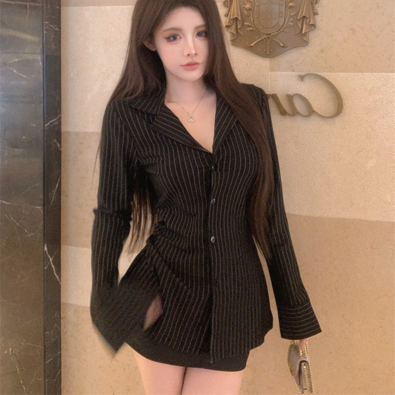 Chemise rayée de Style coréen pour femmes, rétro, col rabattu, manches longues, Slim Fit, haut Sexy, assorti avec tout, mode populaire, automne