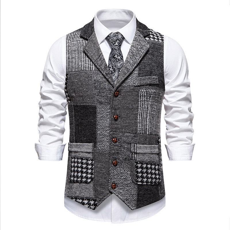 Débardeurs patchwork décontractés pour hommes, style vintage, à col en V et couleurs contrastées, pour l'automne-hiver 2026, gilets sans manches pour l'extérieur.