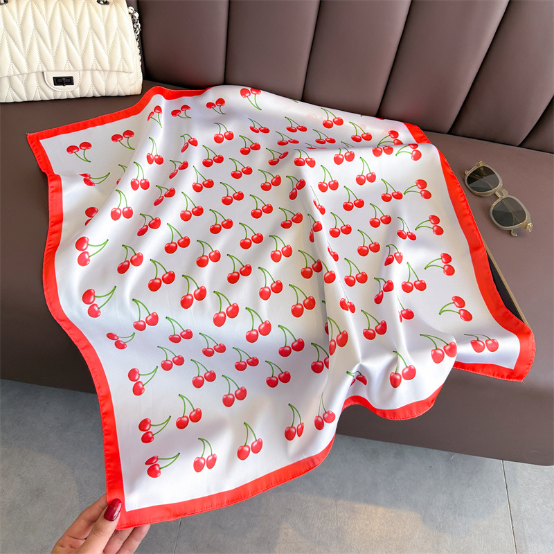 Écharpe carrée en Satin de luxe pour femmes, châles et enveloppes à motif de cerise et de fruits mignons, petit sac à la mode, foulards à cravate pour cheveux, Bandanas 70x70Cm