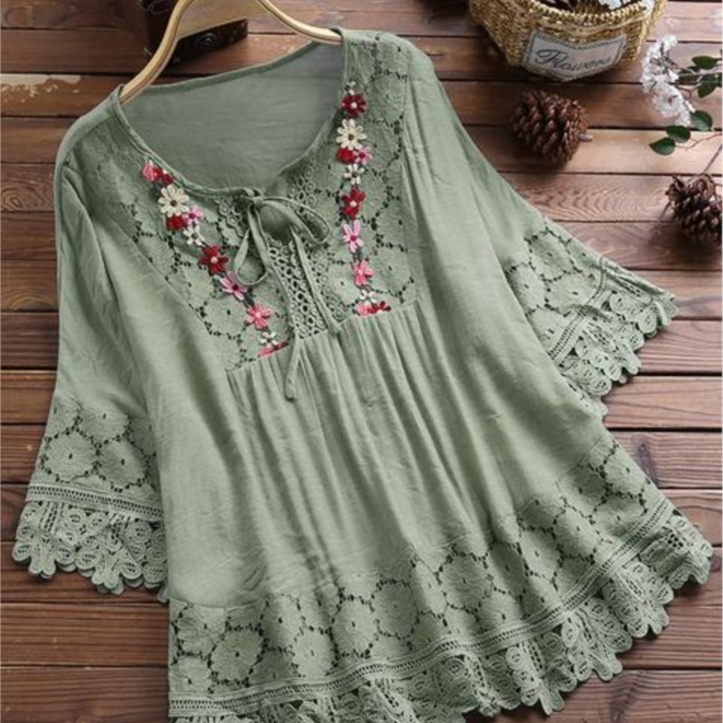 Chemisier d'été femmes col en v hauts chemise en dentelle et chemisier élégant femmes haut à la mode décontracté dame ample coton lin femme chemise