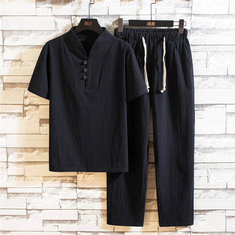 (Chemise + pantalon) chemise d'été pour homme Chemises en coton pour homme Chemises décontractées à manches courtes pour homme Un ensemble de vêtements taille M-5XL