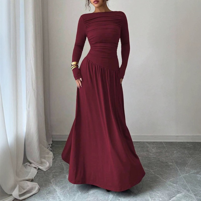 Robes de soirée élégantes pour femmes, col bateau modeste, couleur unie, manches longues, robe maxi plissée et fluide pour les occasions quotidiennes et les soirées.
