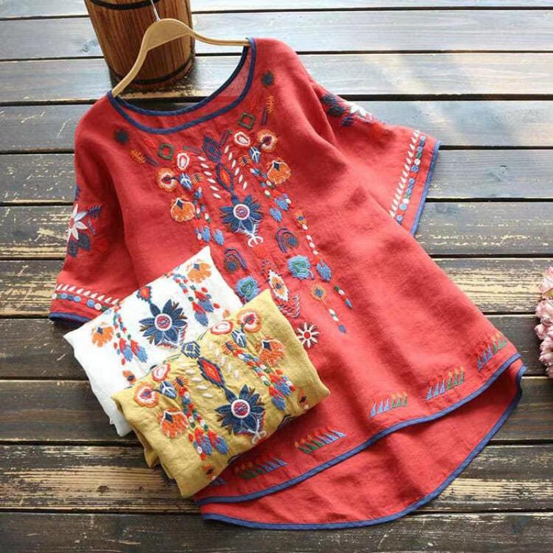 Chemisier rétro en coton et lin pour femmes, manches trois-quarts, Style National chinois, chemises Cheongsam à fleurs, 4XL, printemps été