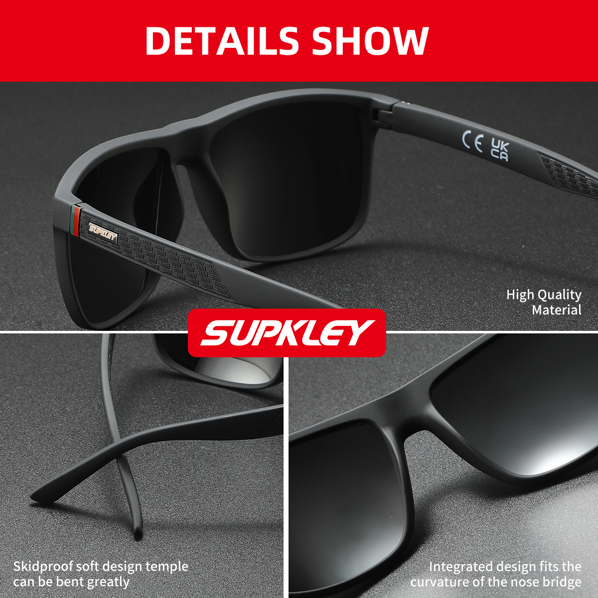 SUPKLEY Lunettes de soleil polarisées simples et décontractées avec monture carrée, résistantes aux UV, pêche, randonnée, cadeau de Noël