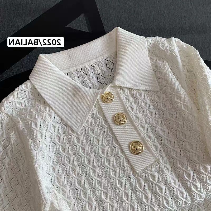 Polo chic en soie glacée haut de gamme pour femme, tricot jacquard unique, manches courtes, coupe ample, blanc, pour l'été