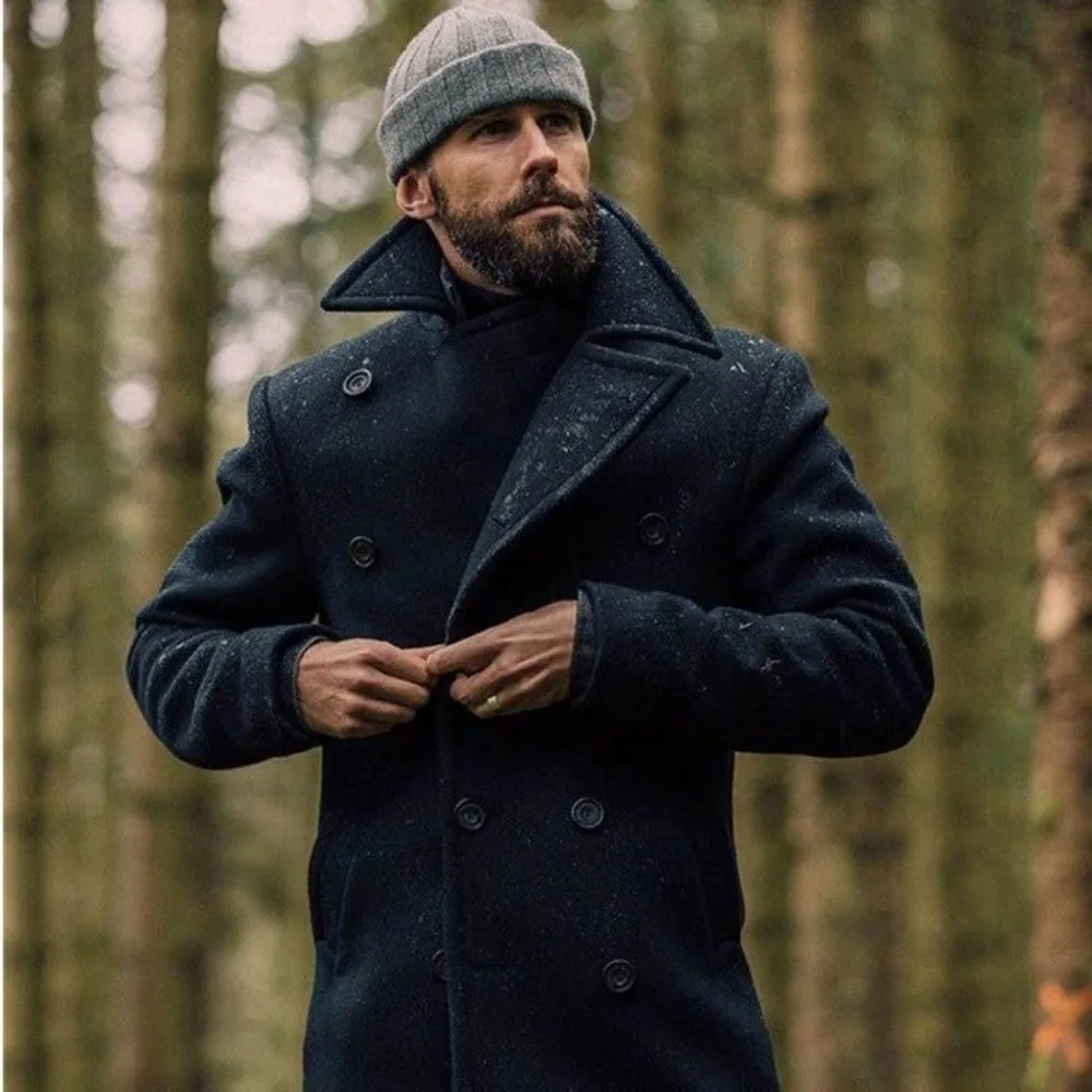 Manteau Peacoat en Tweed à manches longues pour homme, pardessus longs de couleur unie, grande taille, mode automne et hiver, nouvelle collection