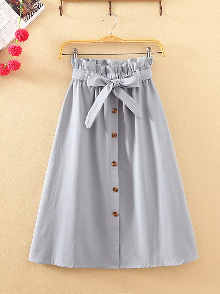 Été automne jupes femmes Midi genou longueur coréenne élégant bouton taille haute jupe femme plissée école jupe