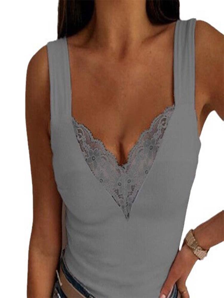 Femmes col en v profond dentelle gilet Sexy T-shirt coupe ajustée haut monochromatique mode été 2024