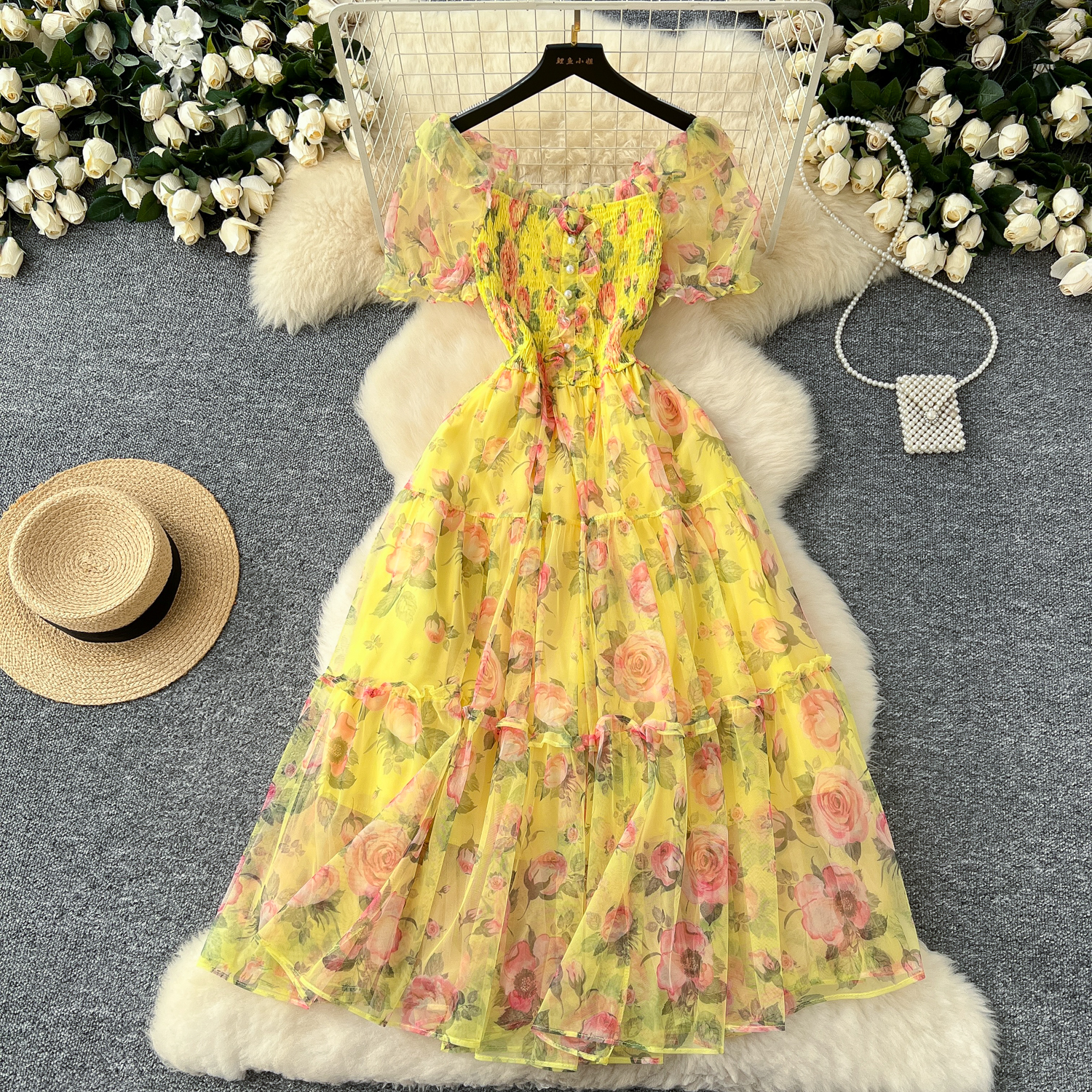 Rétro floral en mousseline de soie Dr taille femme cintrée une épaule bulle Sve Me jupe trajet coréen Sle taille haute a-ligne...
