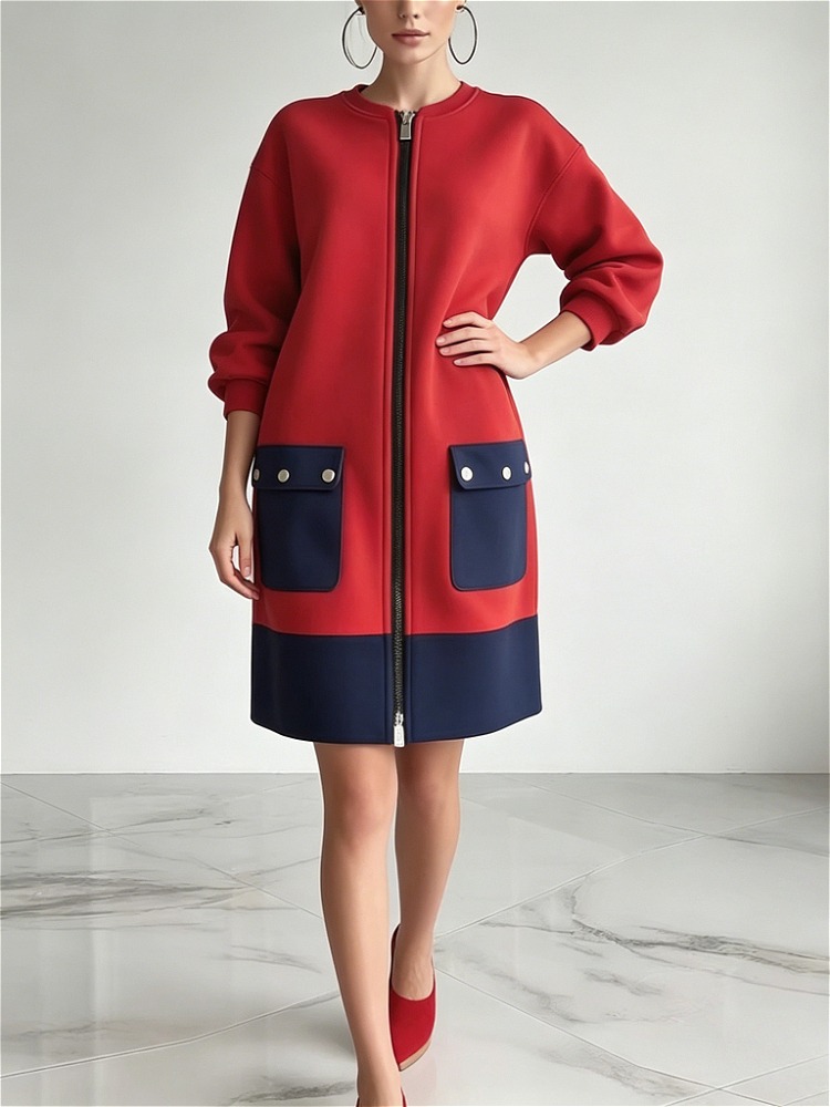 Modigirl contraste couleur manches longues robes pour femmes hiver printemps 2025 nouveau élégant rouge poches fermeture éclair femme Midi tenue décontractée