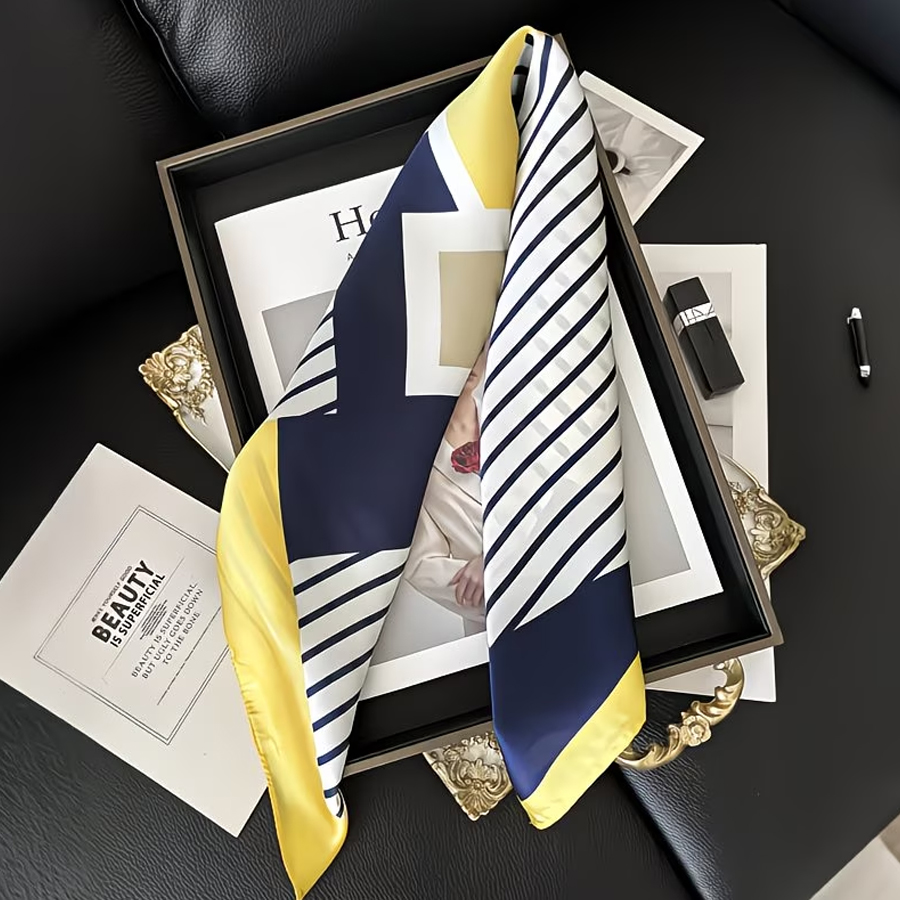 1 écharpe carrée élégante à rayures bleu marine, blanches et jaunes - Matière polyester respirante, très adaptée pour servir de bandeau, de châle et d'accessoire pour les cheveux, design élégant à nouer, idéale pour les tenues décontractées du week-end, accessoire de cou tendance. |     Bandeau à la mode |     Écharpe en satin texturé, Écharpe