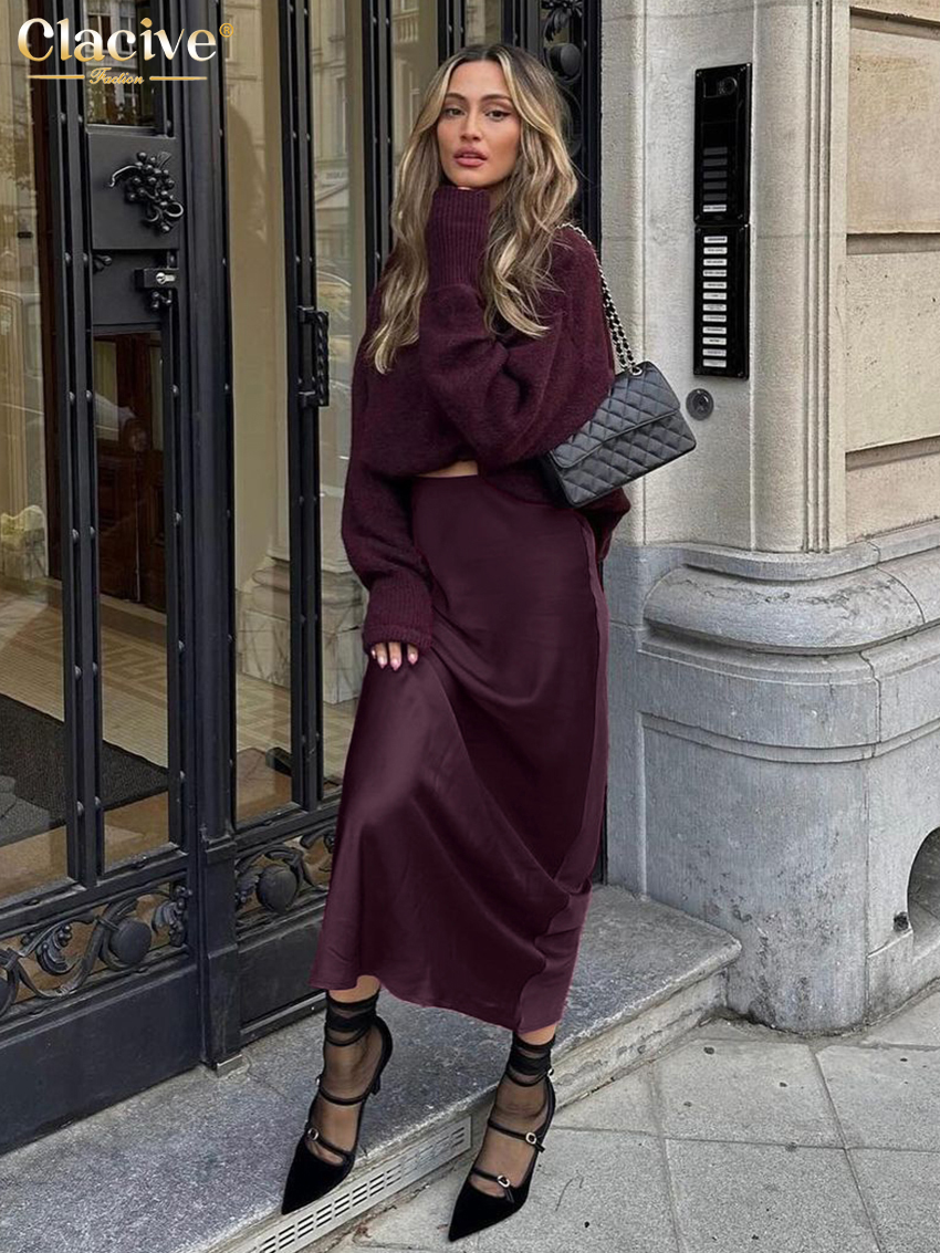 ClacMarkets-Jupe en satin rouge vin pour femme, élégante, taille haute, longueur de rinçage, décontractée, simple, vêtements féminins, mode