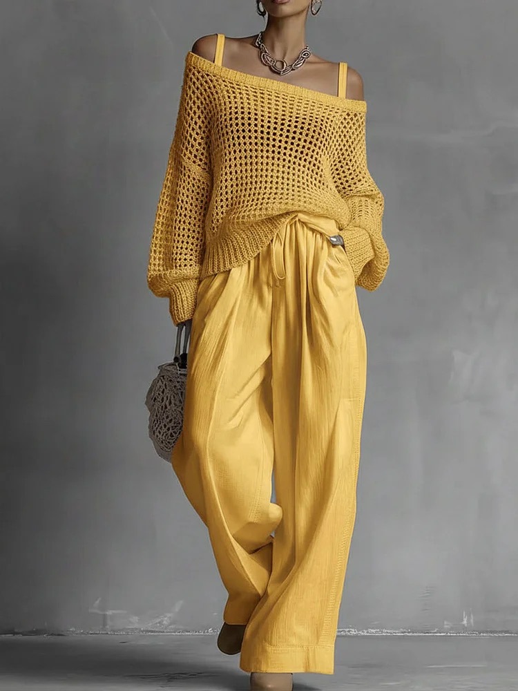 Ensemble 2 pièces mode femme : Haut en maille crochetée à bretelles spaghetti et épaules dénudées, pantalon large à taille coulissante – Tenue décontractée d'été
