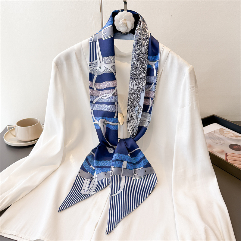 Nouvelle écharpe imprimée double couche, foulard décoratif en soie, accessoire polyvalent pour les trajets quotidiens, attache de cheveux diagonale estivale, ceinture étroite
