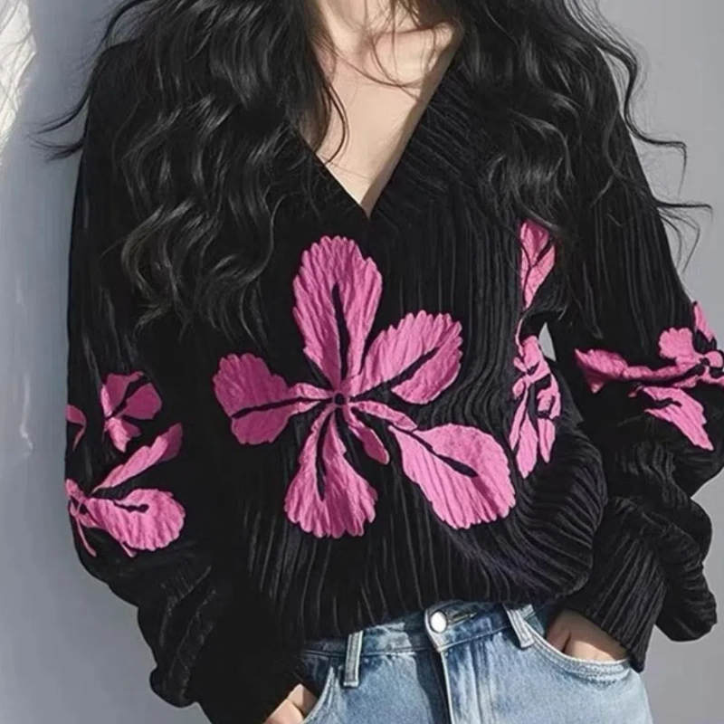 Style paresseux noir fleur imprimé hauts printemps automne nouveau à manches longues en vrac grande taille décontracté t-shirts mode Vintage femmes vêtements