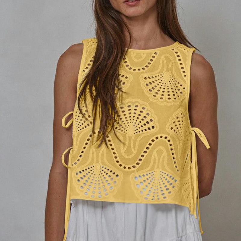 Combhasaki femmes été Chic sans manches culture débardeurs col rond motif esthétique oeillet évider côté nœud attaché gilet chemises