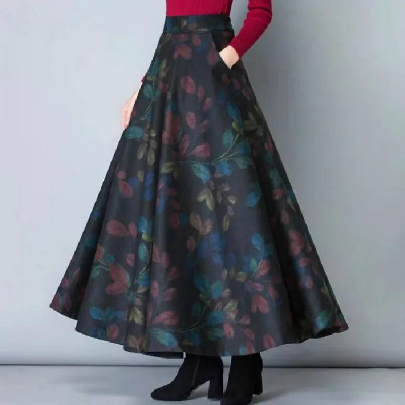 Jupe trapèze longue mi-longue en laine à carreaux taille haute pour femme, grande taille, mode automne-hiver, vêtements décontractés pour femme