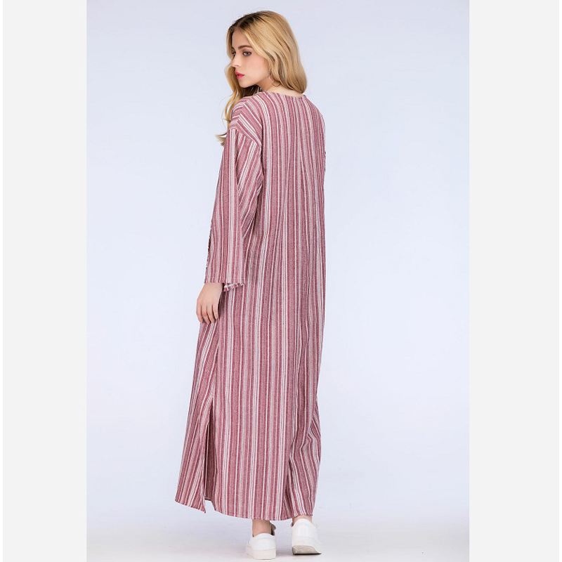 Robe en coton et lin pour femmes, grande taille 5XL, kaftan à manches longues, été 2026, robe longue maxi rayée de style bohème pour femmes de grande taille.