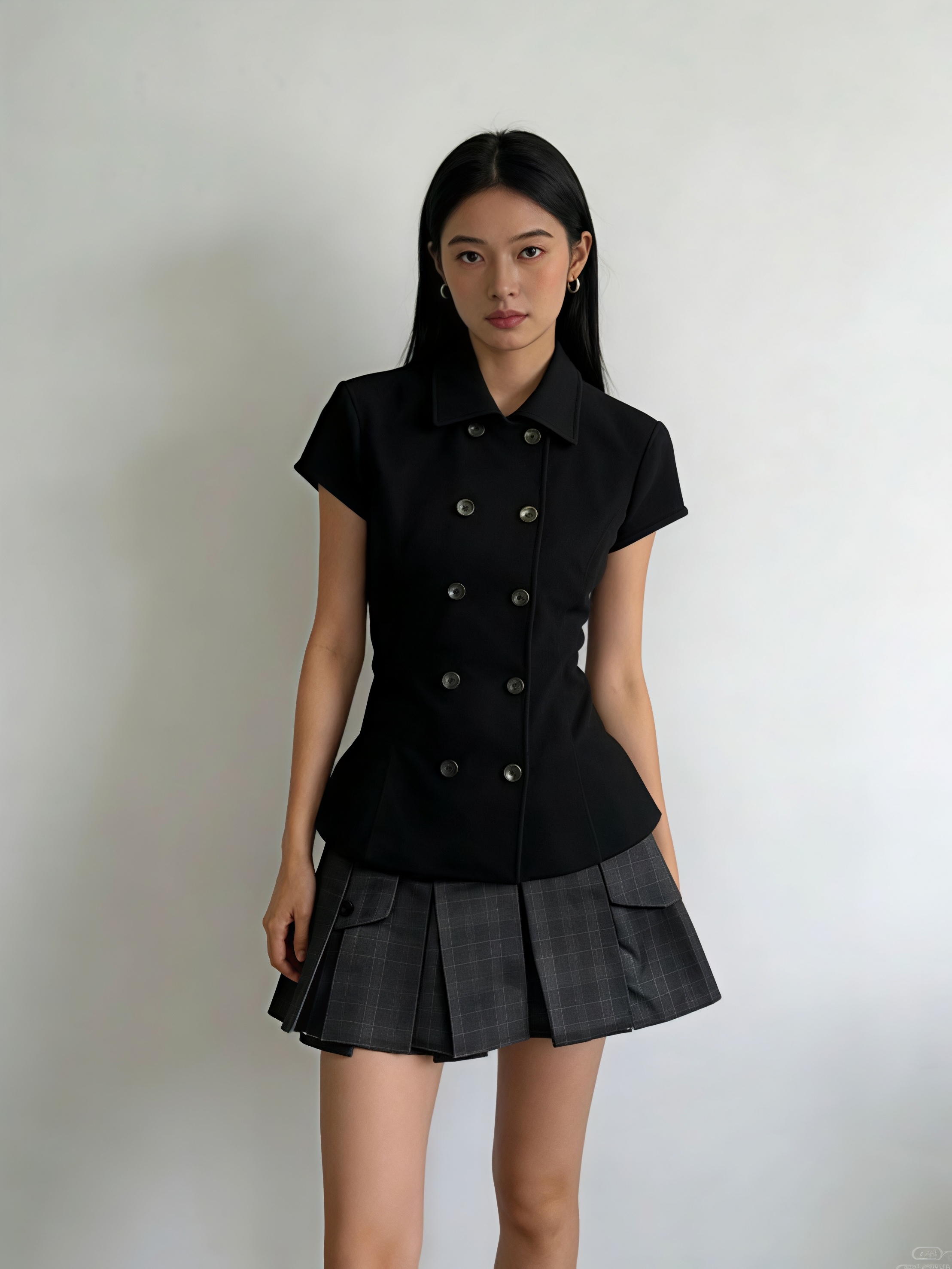 Costume femme à la mode coréenne, chemise noire cintrée à manches courtes, jupe plissée à carreaux gris, tenue décontractée de bureau, tenue deux pièces preppy