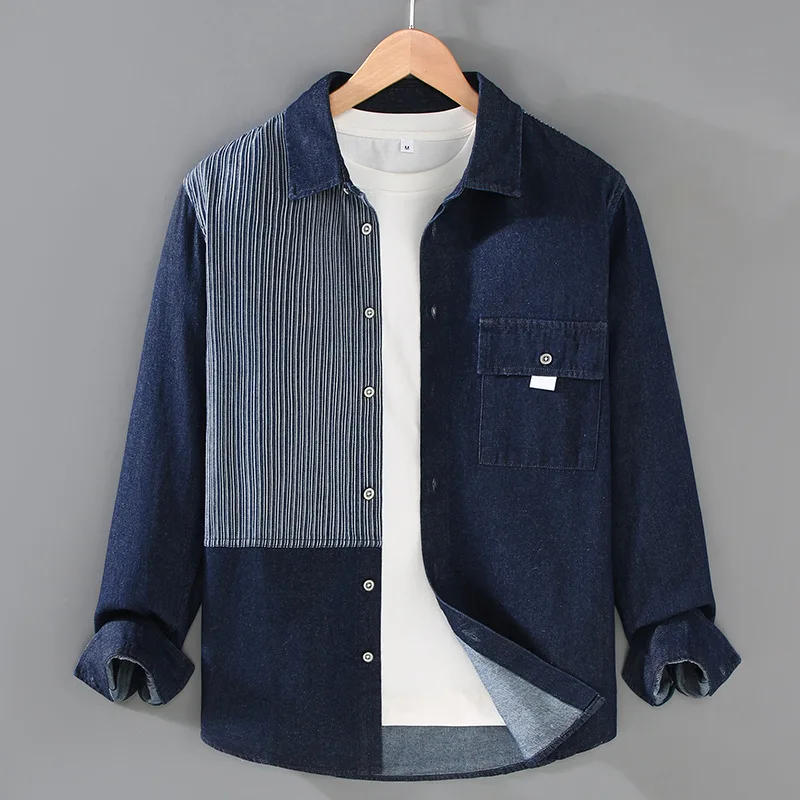 Chemises en jean décontractées pour hommes 2026, style streetwear coréen, patchwork, rayées, fines, pour hommes élégants au quotidien