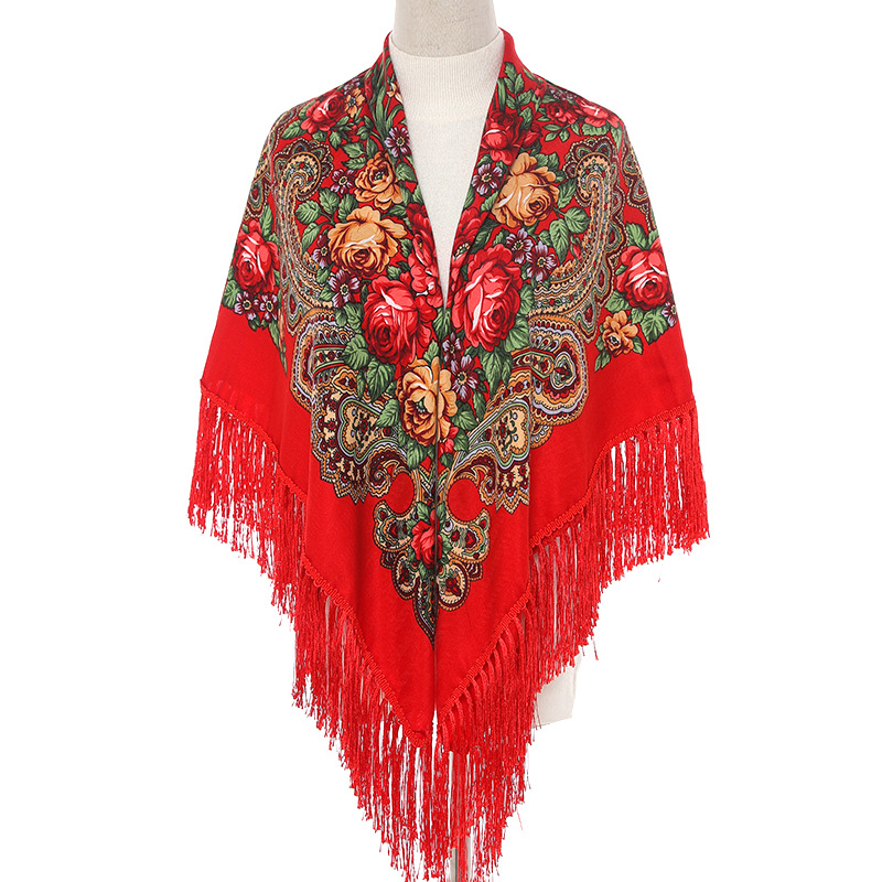 Grand foulard carré de Style russe pour femmes, châle rétro à franges en coton imprimé, enveloppes Hijab, châles ethniques, Bandana, 135x135cm