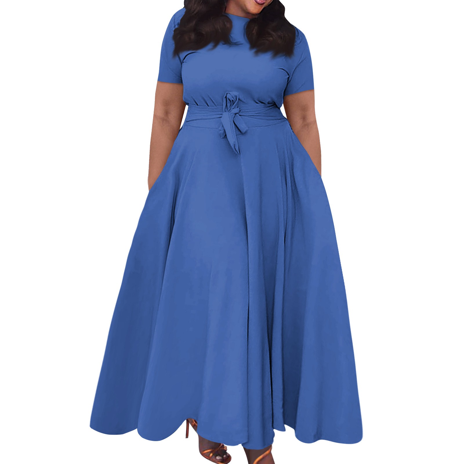 Robe longue décontractée pour femmes, grande taille, sexy, couleur unie, col rond, manches courtes, poche, bretelles, balançoire, elbise
