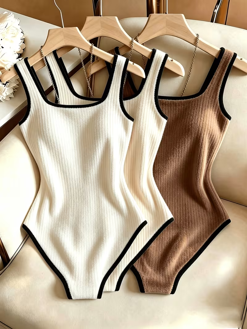 Ensemble de 3 bodys côtelés pour femme, noir tendance, col carré, style cintré à la taille, pour soirées estivales, élégant, pour la plage