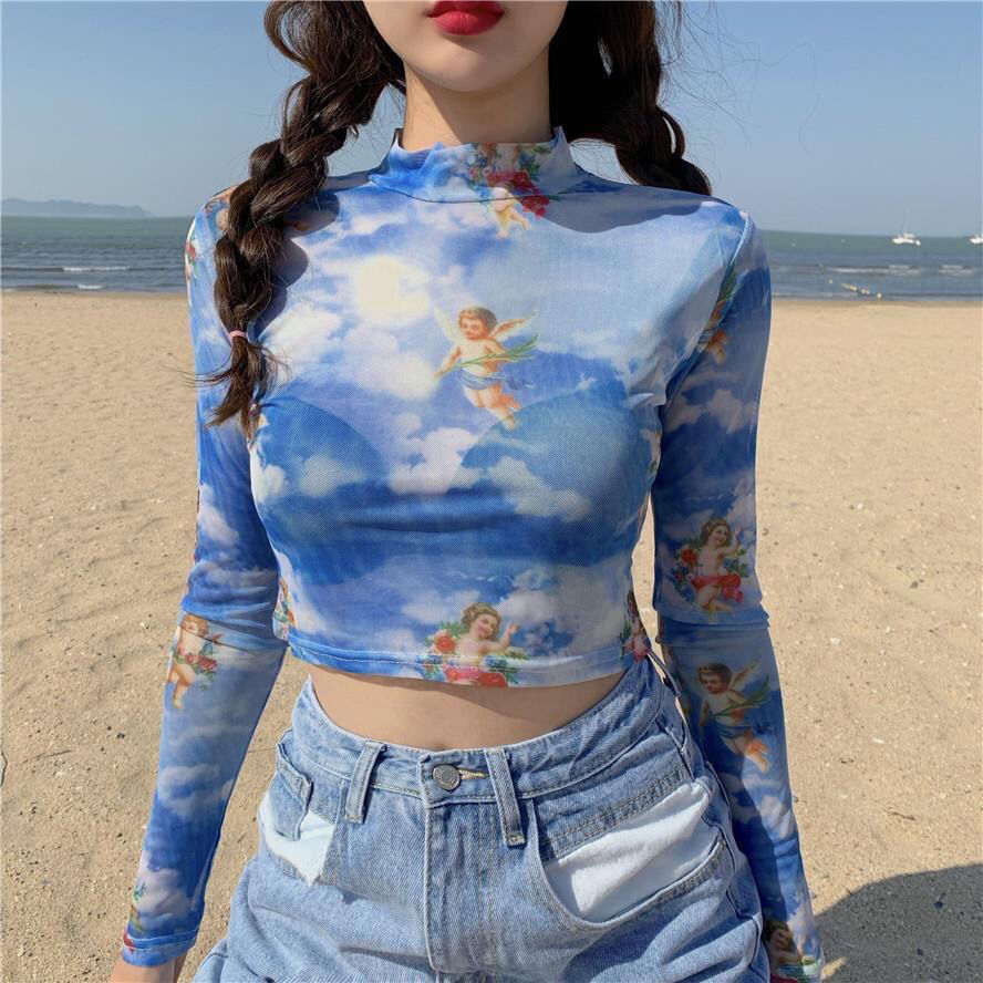 T-shirt à manches longues en maille transparente pour femmes, transparent, mince, vêtements féminins, chemisier sexy, mode, 2023