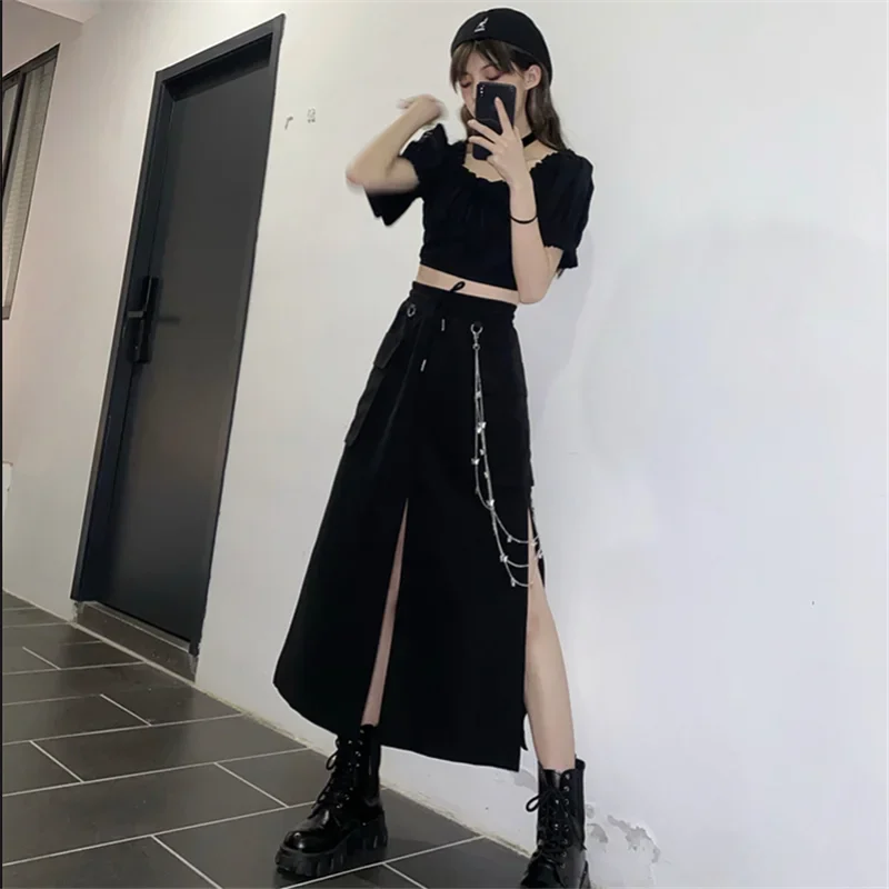 Jupe longue noire de Style coréen pour femmes, avec chaîne, fente latérale, Hip Hop, Streetwear, grande taille, nouvelle collection printemps automne 2025