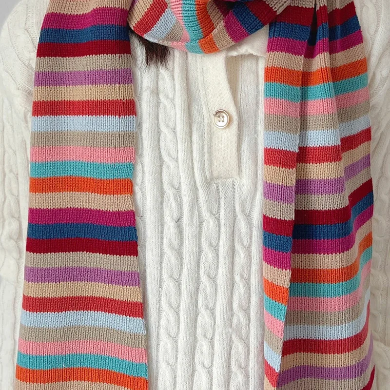 Écharpe chaude à rayures arc-en-ciel pour femmes, châle japonais doux pour femmes, tricots de mode, style coréen, automne et hiver