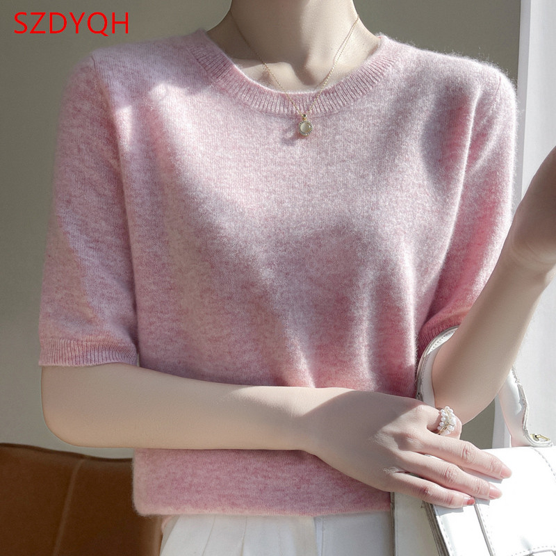 T-shirt à manches courtes et col rond pour femme, pull basique, doux, vêtements pour filles, 100%, nouvelle collection printemps 2023