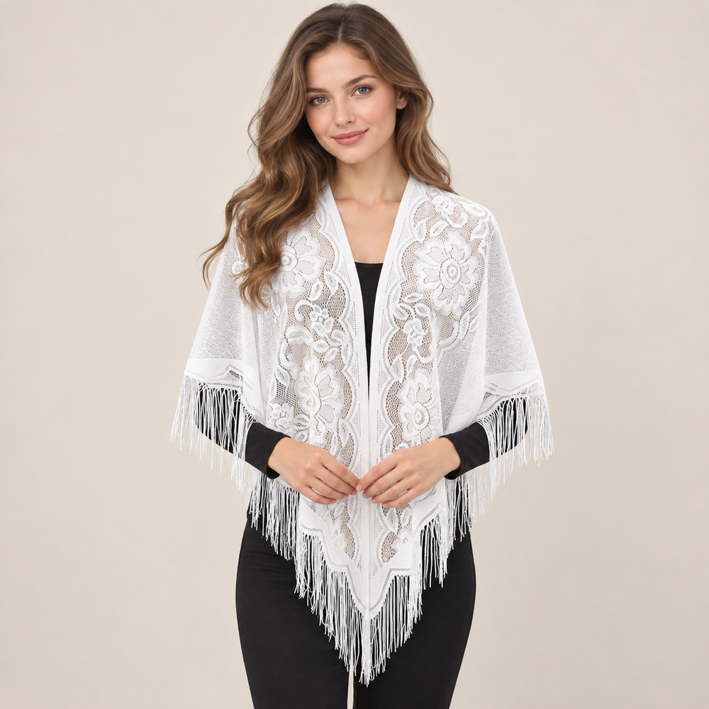 Châle triangulaire en dentelle florale pour femme, élégant, à franges, léger, voile transparent, couvre-épaules pour mariage, soirée et fête