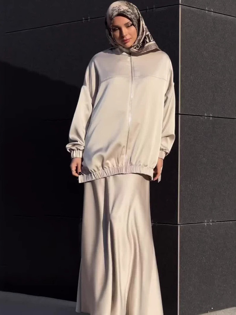 Robe musulmane Satin 2 pièces ensemble femmes fête Abaya Musulman Ensembles arabe longue Robe dubaï caftan robes Jalabiya Ramadan Eid