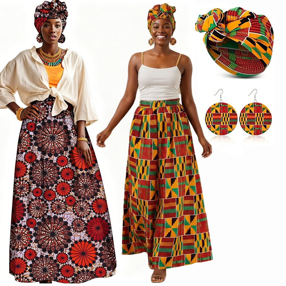 Costumes africains pour femmes, jupe longue à taille haute à imprimé géométrique ethnique bohème, avec foulard et boucles d'oreilles, jupe décontractée tribale