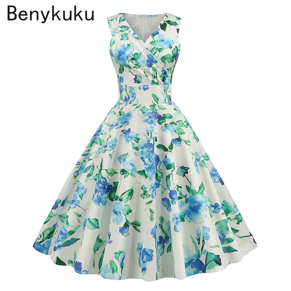 Robe d'été élégante pour femme, style Hepburn, imprimé rétro, sans manches, col en V, motif floral, coupe évasée, vintage, années 50-60, collection 2026
