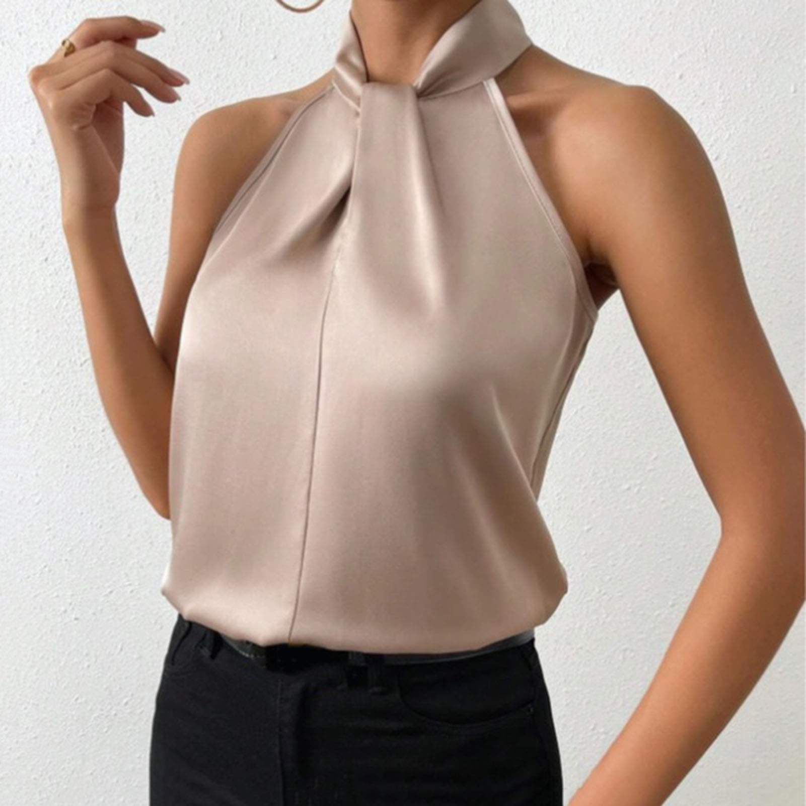 Débardeur en Satin lisse pour femmes, haut d'été, col licou, sans manches, coupe ample, Imitation soie, gilet de fête, de bureau, vêtements de travail