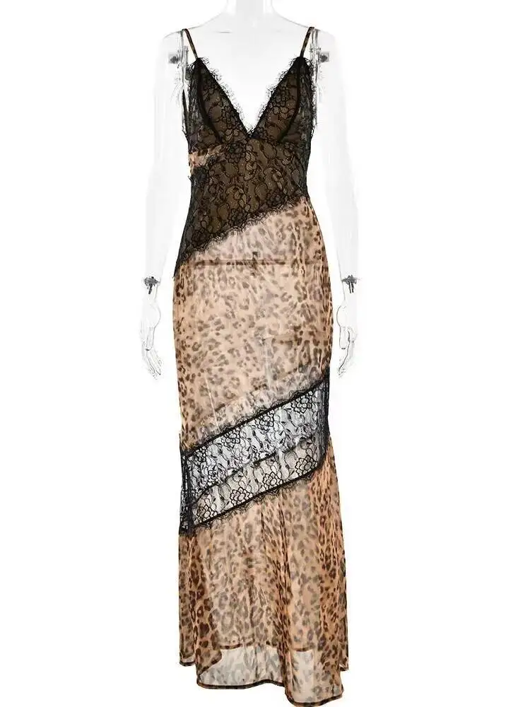 Robe Maxi Sexy imprimé léopard, bretelles Spaghetti, Patchwork, transparente, sans manches, dos nu, robe de soirée, boîte de plage