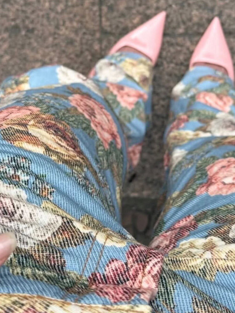 Jean pour femme 2026, imprimé floral vintage, taille haute, coupe ample, jambe large droite, en denim, style rétro effet peinture à l'huile, pantalon décontracté streetwear