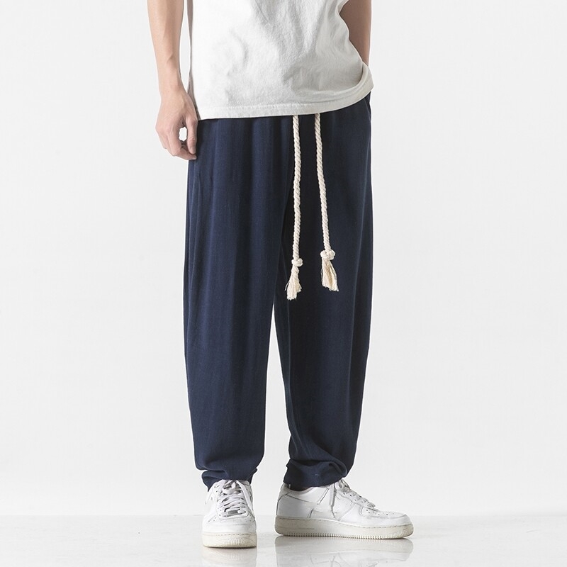Pantalon en coton et lin pour hommes, sarouel respirant, couleur unie, Streetwear, blanc, longueur cheville, été