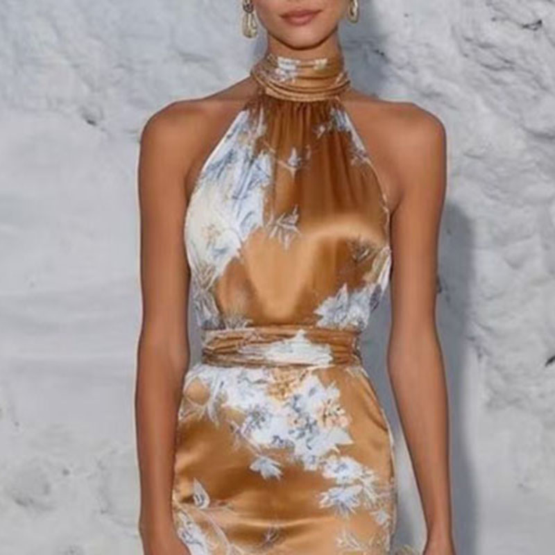 Nouvelle Robe Midi Femme en Satin Imprimé Floral Vintage, Col Halter, Taille Froncée, Coupe Ajustée, Élégante pour l'Été, la Plage et les Fêtes
