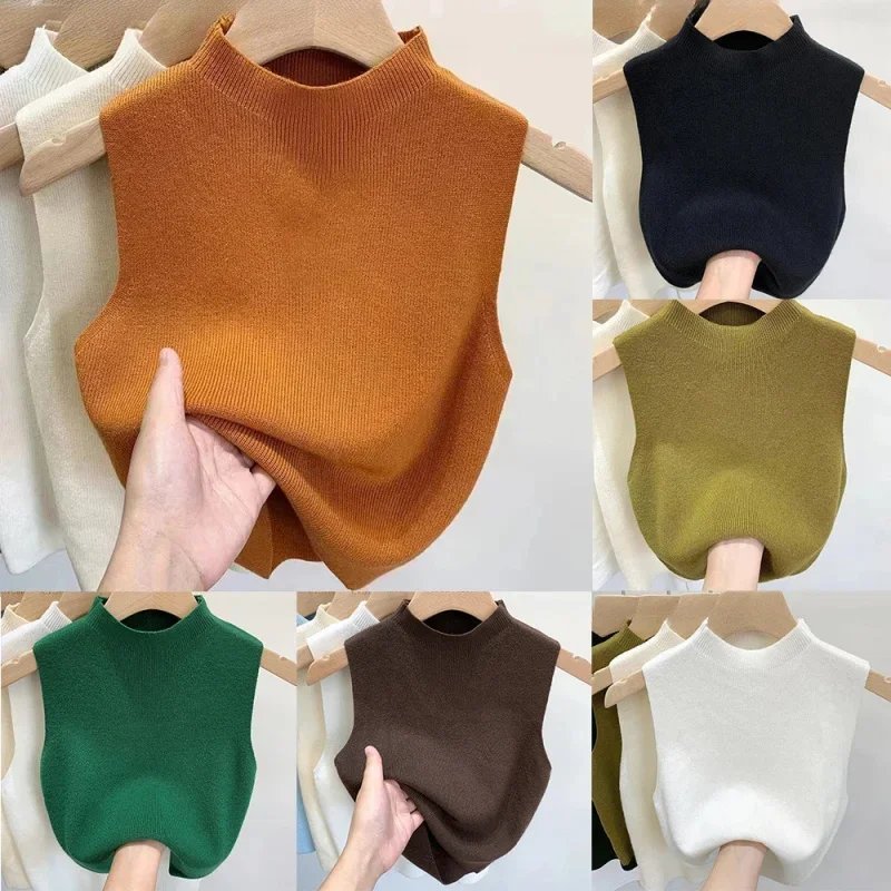 Débardeur Femme Tricoté Couleur Unie Col Semi-Montant Court Printemps Automne Sans Manches