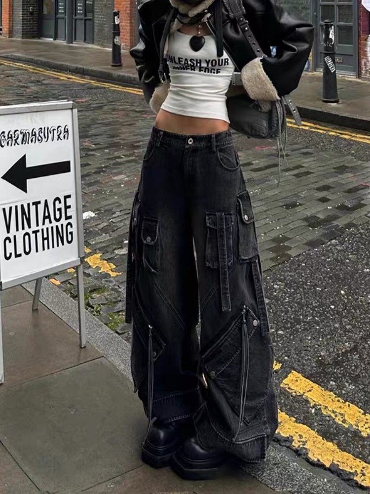 Jean noir pour femmes, pantalon Cargo, Streetwear, taille haute, jambes larges américaines, mode Style Y2K, pantalon droit d'hiver