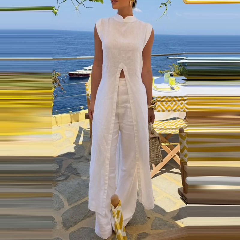 Ensemble décontracté 2 pièces pour femme, élégant et tendance, couleur unie, pull long fendu à col rond et pantalon long