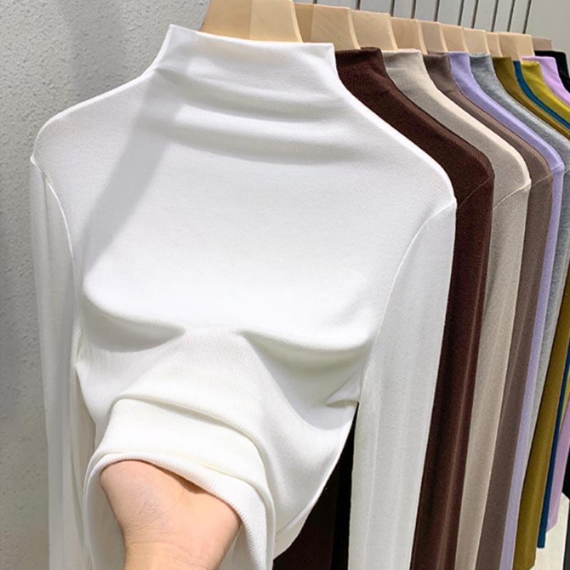 Haut basique à manches longues en modal pour femmes, col mi-haut, printemps, automne et hiver, nouvelle collection