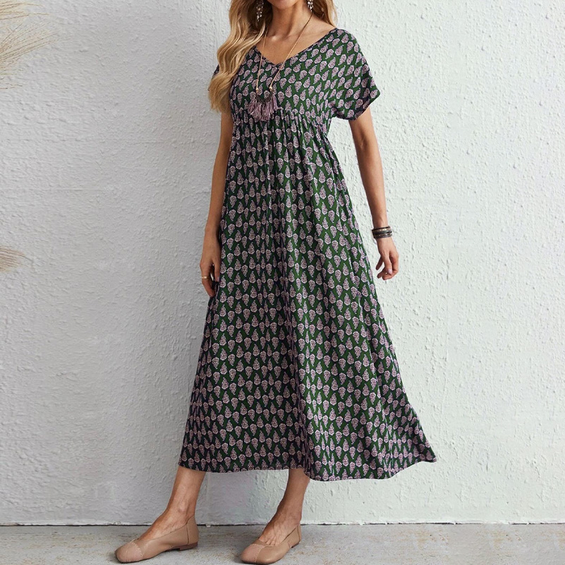 Robe grande taille pour femmes, robe bohème imprimée à manches courtes et col en v, robe longue ample et élégante à taille élastique avec poches