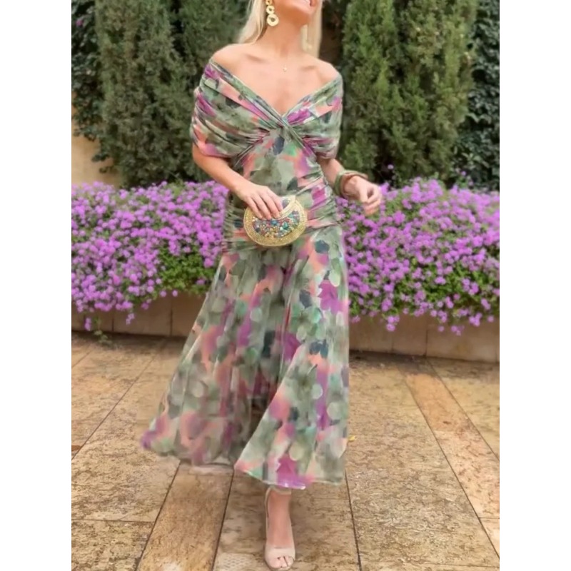 Robe Camisole Femme Chic à Col V en Mousseline Imprimé Floral, Nouvelle Collection Automne 2026, Élégante, Épaules Dénudées, Ourlet Fluide, Idéale pour les Vacances et les Fêtes, Longueur Midi