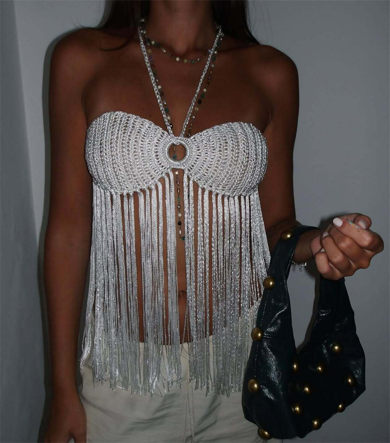 Haut de bikini bohème pour femme, style plage, avec franges, sexy, dos nu, à nouer, à pampilles, en tricot, camisole, cache-maillot de bain en crochet, tenue de plage