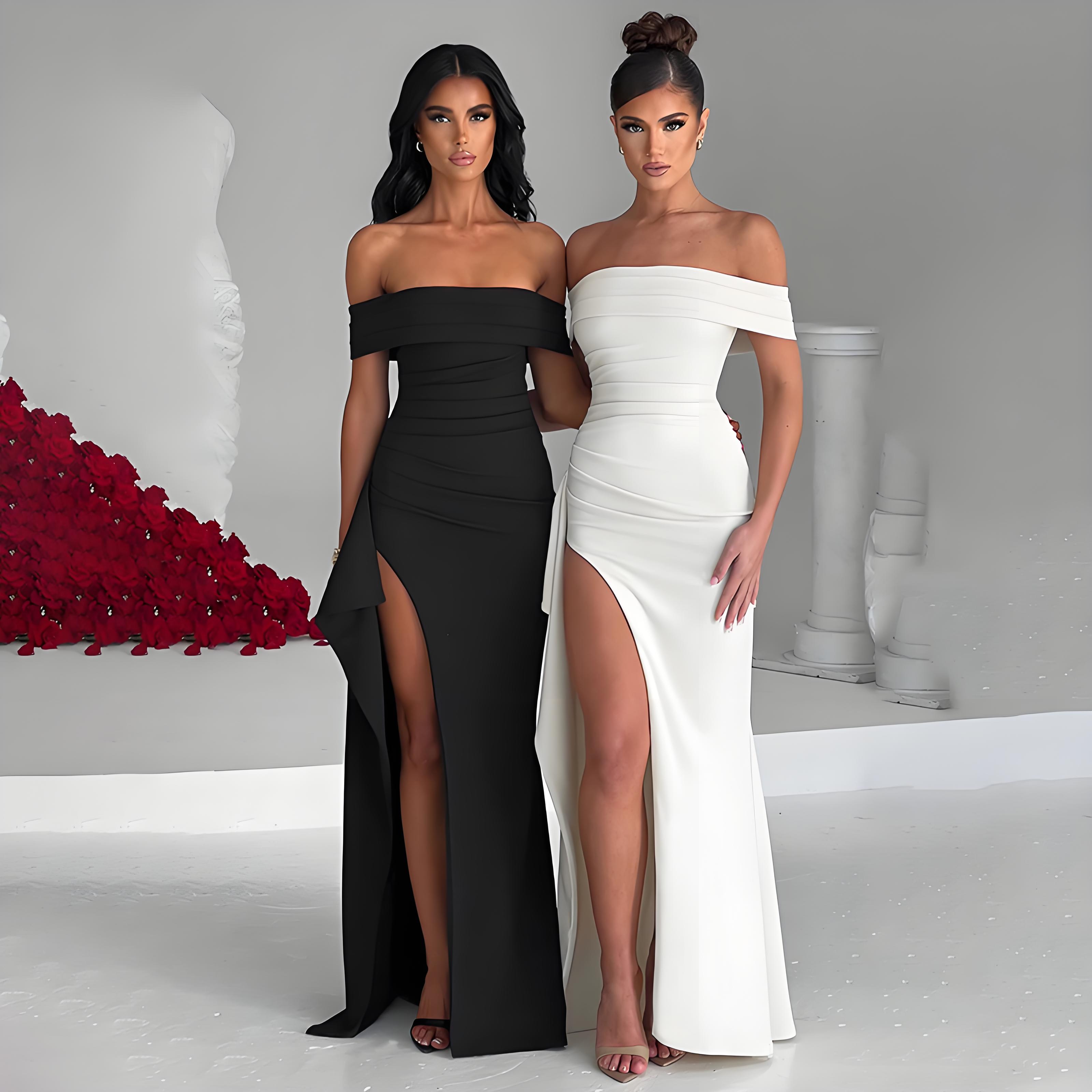 Robe de soirée élégante, couleur unie, épaules dénudées, robe longue sexy taille haute avec fente latérale pour femme, robe de soirée maxi formelle pour femme